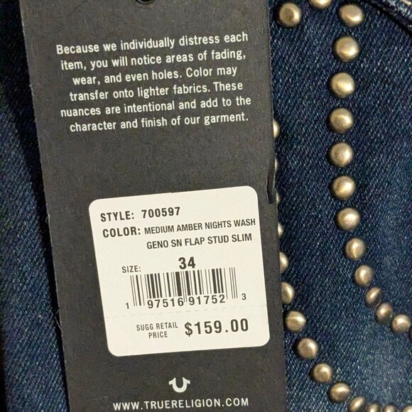 True Religion Geno Studded Horseshoe Relaxed Slim Jeans | NWT - Picture 4 of 8